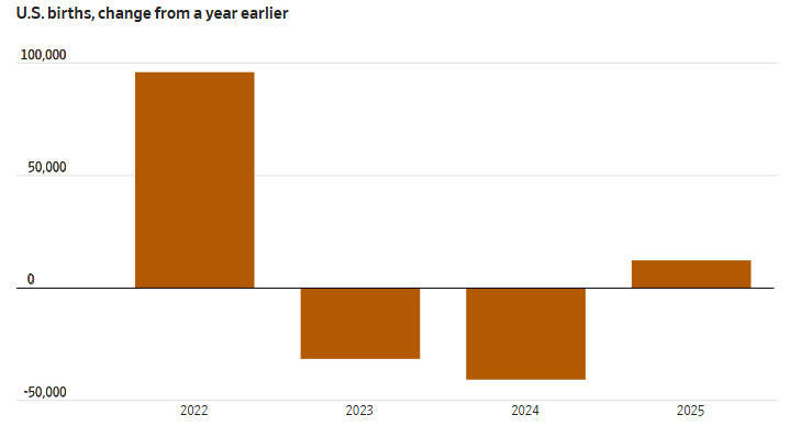 美国出生人口与一年前相比变化 《华尔街日报》制图(下同)