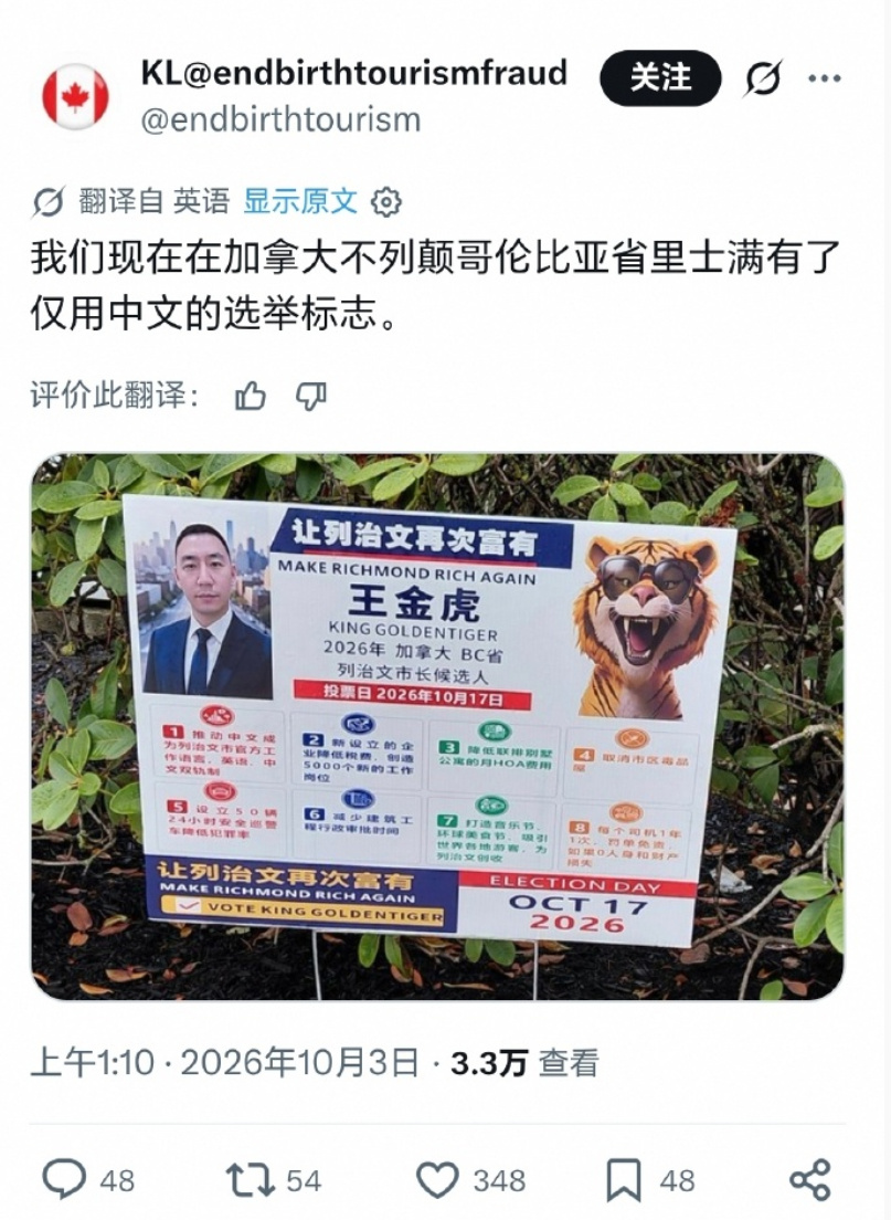 加拿大华人市长候选人王金虎引发热议，竞选的告示牌基本上只有中文，只有