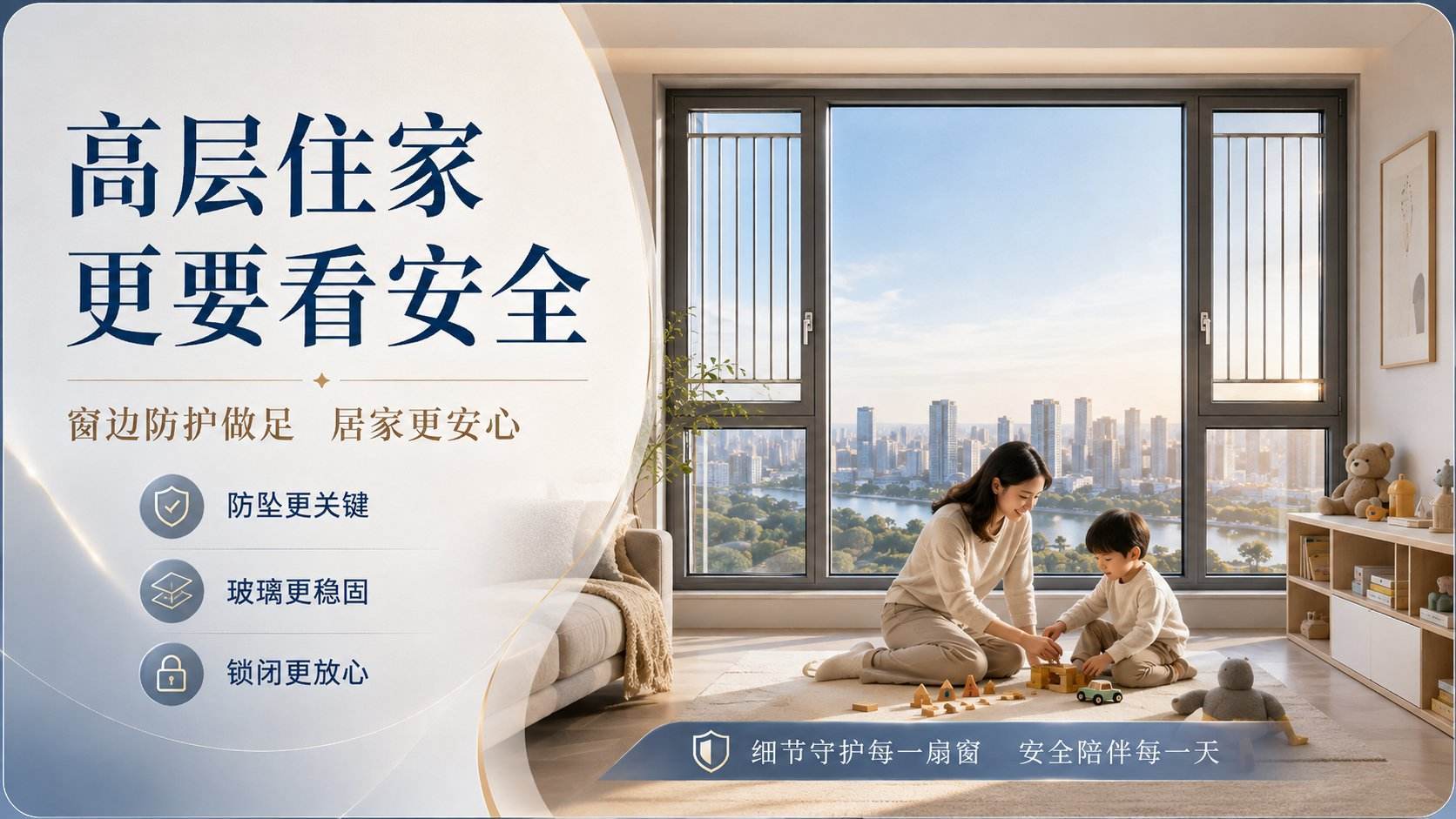 高层住宅客厅场景，深灰色断桥铝落地窗搭配竖向防护栏，窗外可见城市河景。母亲与幼童在窗边地毯玩积木，营造温馨亲子时光。图片强调“高层住家更要看安全”，突出防坠关键