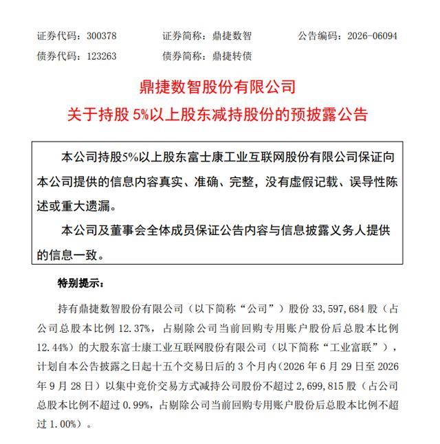 鼎捷数智发布工业富联减持股份预披露公告