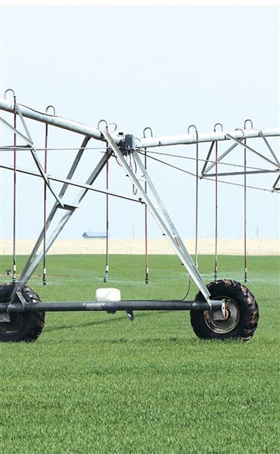 塔克拉玛干沙漠南缘的小麦种植基地，指针式喷灌机正在作业。