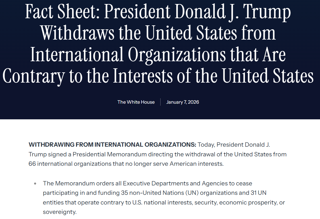 白宫官网截图：美国退出66个国际组织