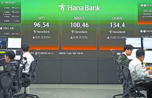 13 日，韩国首尔韩亚银行总部，交游员们正紧盯屏幕监控国外油价行情，电子屏及时清楚伦敦布伦特原油期货价钱（中）涨至每桶100好意思元上方。（法新社）