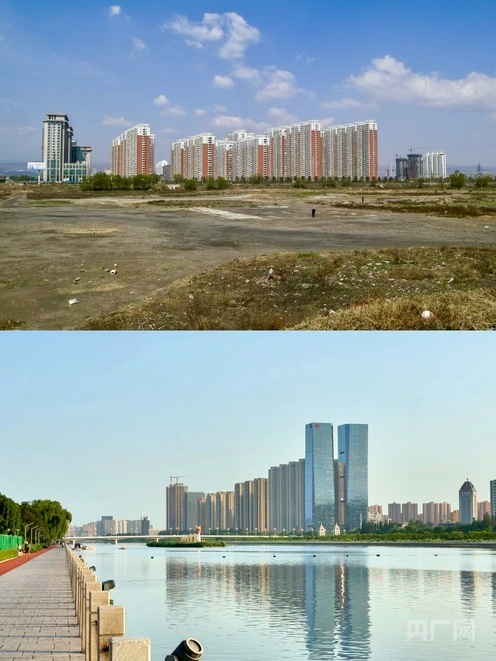 曾经的汾河岸边杂草丛生（上图），如今汾河两岸碧波锦绣（下图）(央广网发 崔和平 摄）