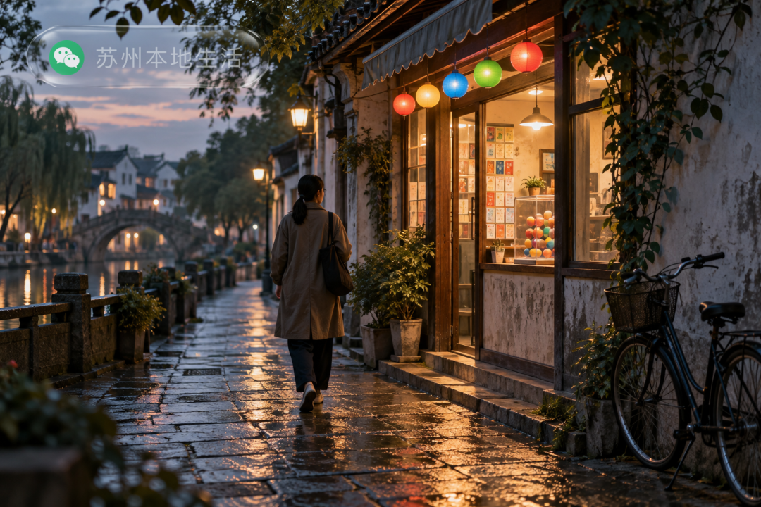 江南街巷傍晚,一名下班路人从普通彩票小店旁经过,街灯与生活化店铺营造克制平和的日常氛围。