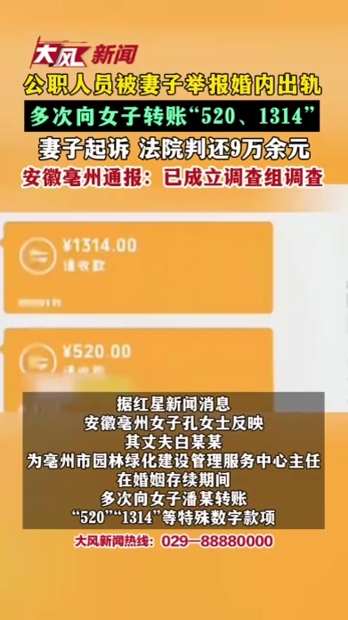 公职人员被妻子举报婚内出轨 多次向女子转账“520、1314” 妻子起诉 法院判还9万余元 安徽亳州通报：已成立调查组调查