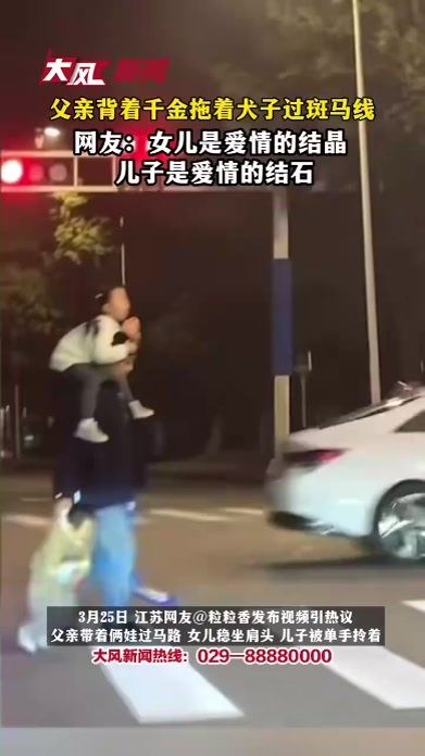 父亲背着千金拖着犬子过斑马线上，网友：女儿是爱情的结晶 儿子是爱情的结石