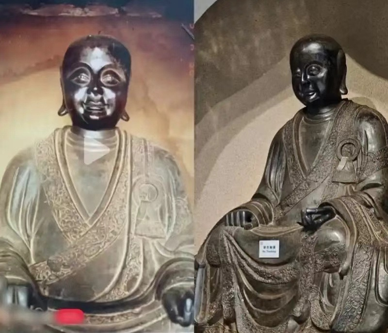 网友发布的对比图，左为被盗铜佛像，右为观复博物馆“古代铜罗汉像”。