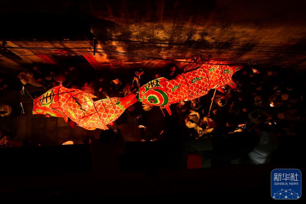 2月7日,瞻淇村鱼灯队在村中表演。