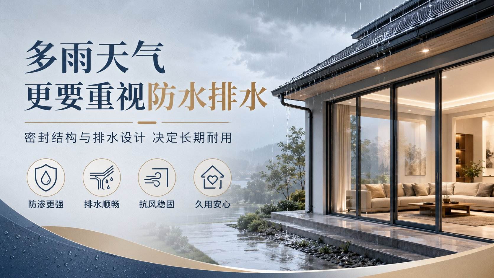 多雨天气下的现代别墅场景，重点展示大面积落地门窗的防水排水性能。黑色边框系统门窗搭配密封结构，有效防渗抗风，确保室内温馨干燥。排水设计顺畅，决定长期耐用，适合追