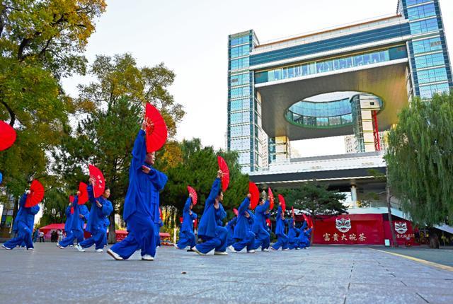 世纪广场上，50多名拳友共舞太极扇，展现中华武术魅力。