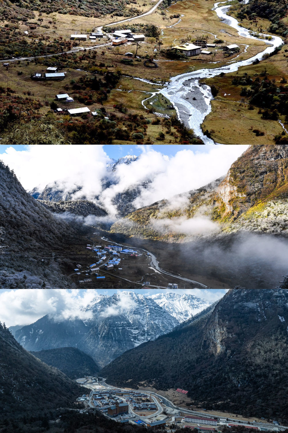 拼版照片：上图是2003年10月26日拍摄的玉麦乡（新华社记者 索朗罗布 摄）；中图是2017年10月31日拍摄的玉麦乡（新华社记者 普布扎西 摄）；下图是2026年2月5日拍摄的玉麦乡（无人机照片，新华社记者 丁增尼达 摄）。