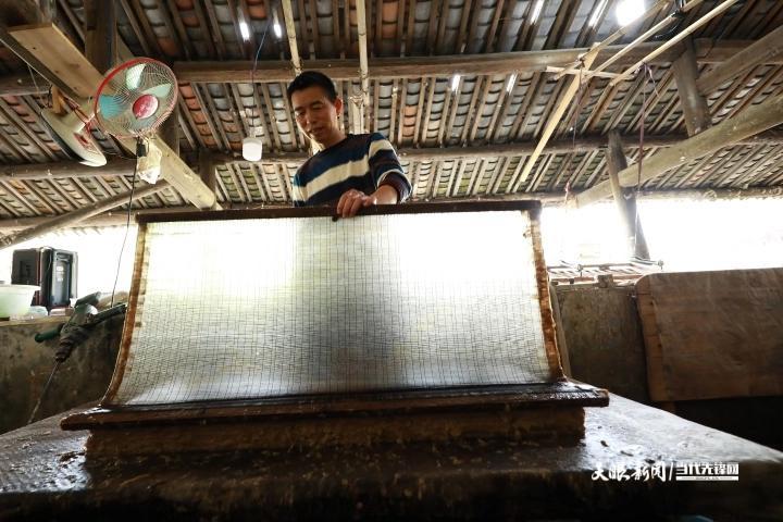 在贵州省丹寨县南皋乡石桥村皮纸作坊,王兴武在制作手工皮纸。.JPG