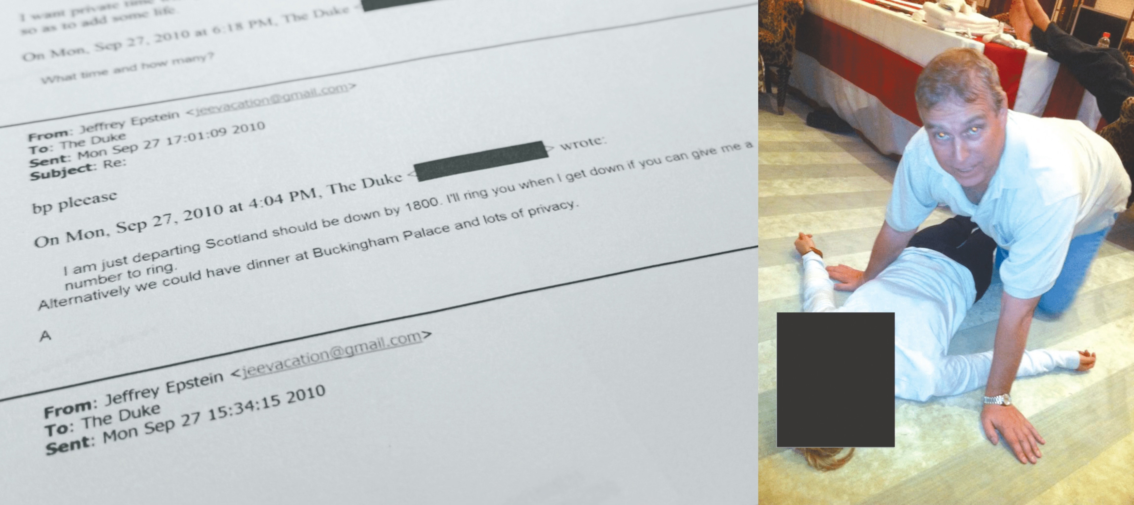 图为安德鲁与爱泼斯坦之间的电邮往来文件,以及他蹲伏在一名女子旁的照片。(视觉中国)