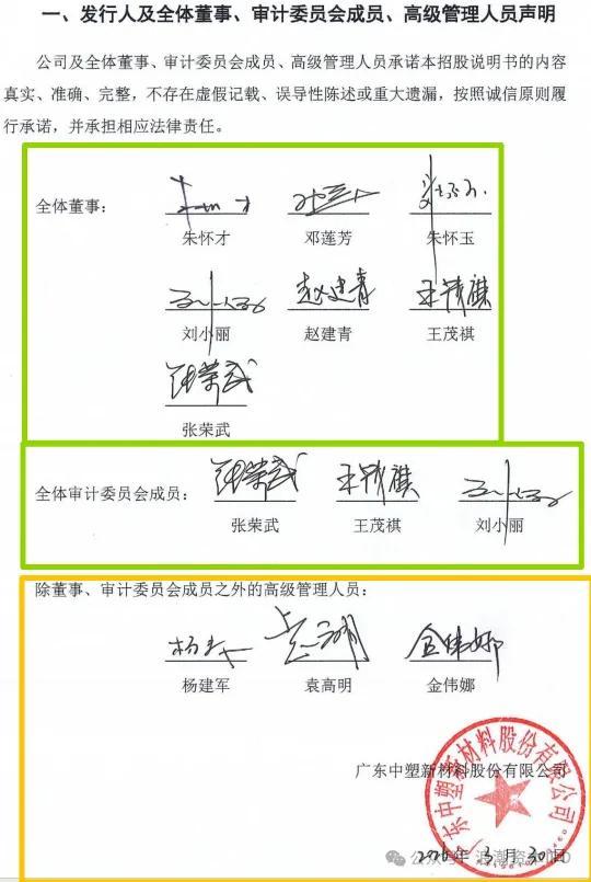 中塑股份招股书董监高声明签字盖章页面