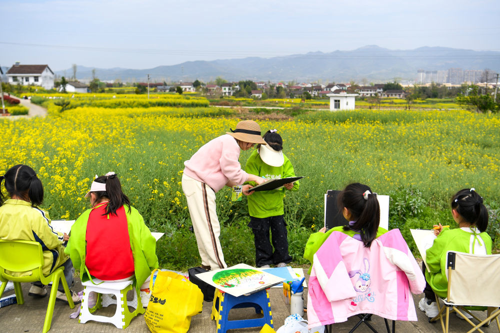 3月28日，学生在陕西省汉中市西乡县杨河镇高土坝社区油菜花观花点研学。新华社记者邹竞一 摄