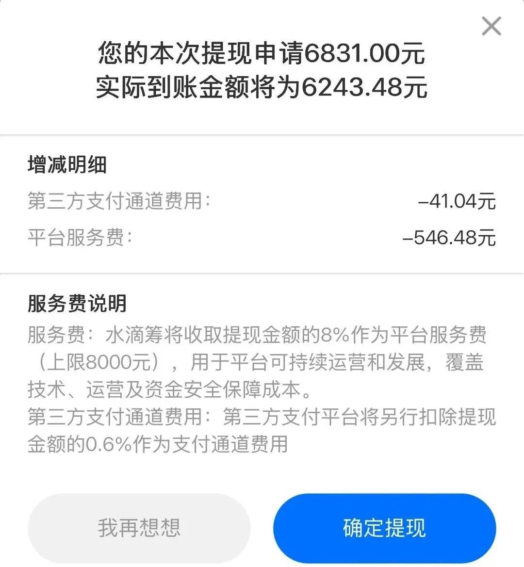 公益水滴筹服务费上调至8% 【水滴筹提现6831元被扣587元】 近