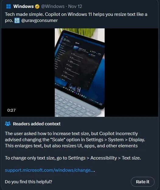 Community Notes on X point to the Copilot mistake and recommends the right way to change text size