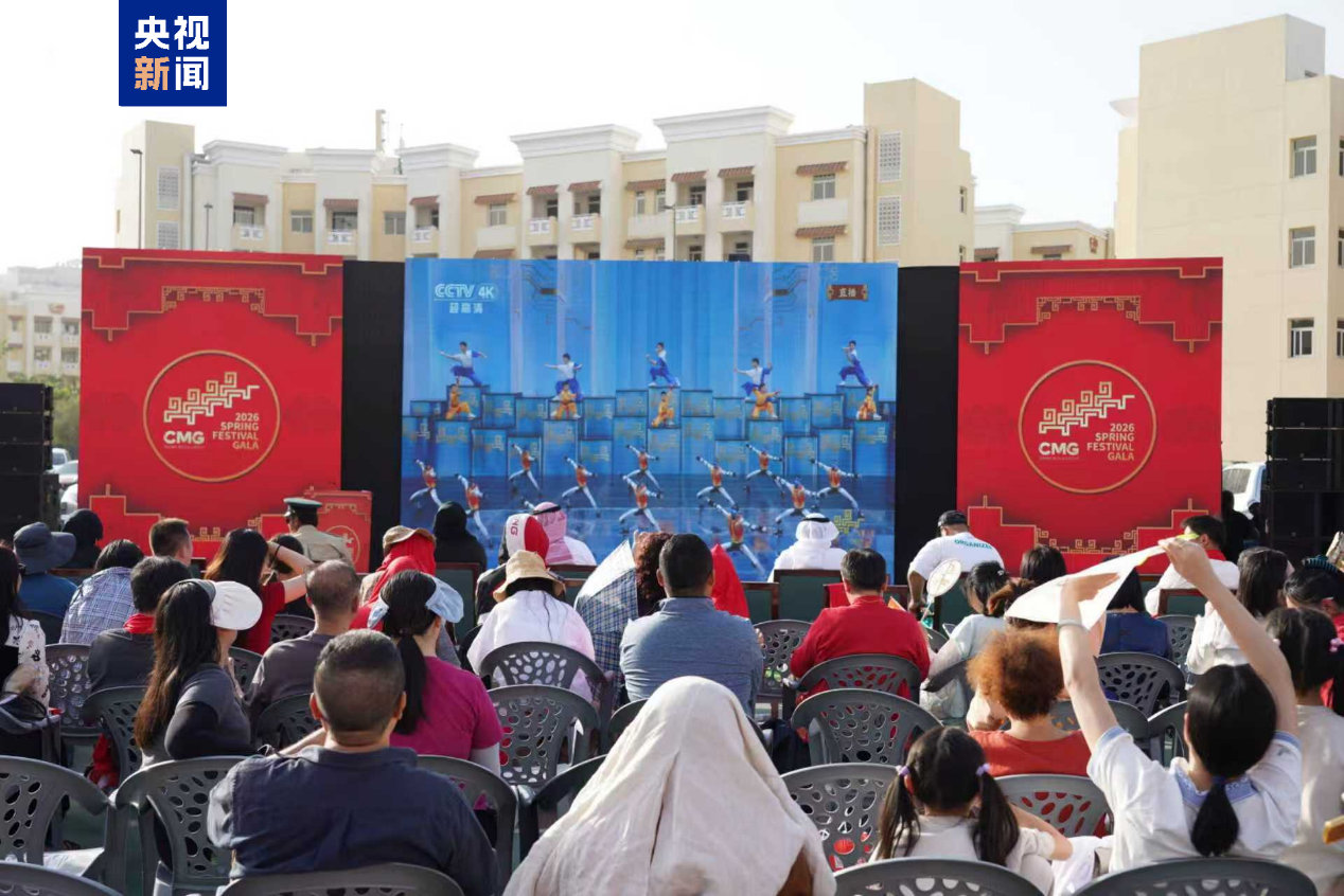 △观众在阿联酋迪拜国际城观看总台春晚