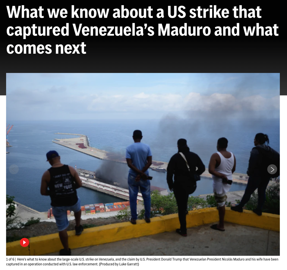 △美联社报道,美国发动闪电军事打击抓获马杜罗及妻子,并将他们押送美国接受审判。