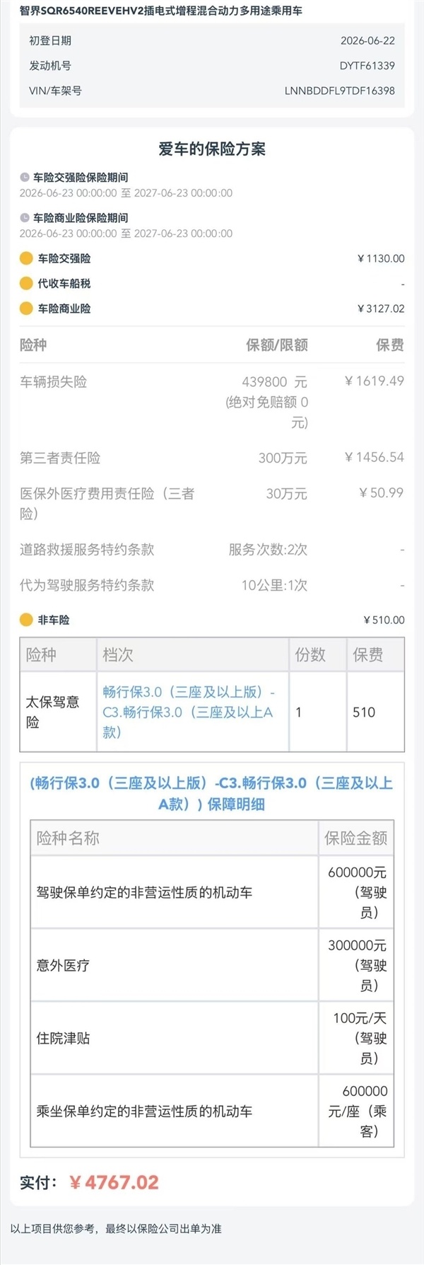 300万三者险！博主分享尚界Z7T首年保费：比很多油车都低