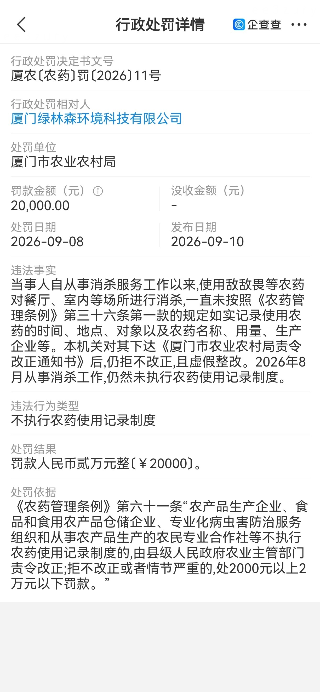 【长期使用敌敌畏等农药对餐厅、室内等场所进行消杀,厦门绿林森拒不改正