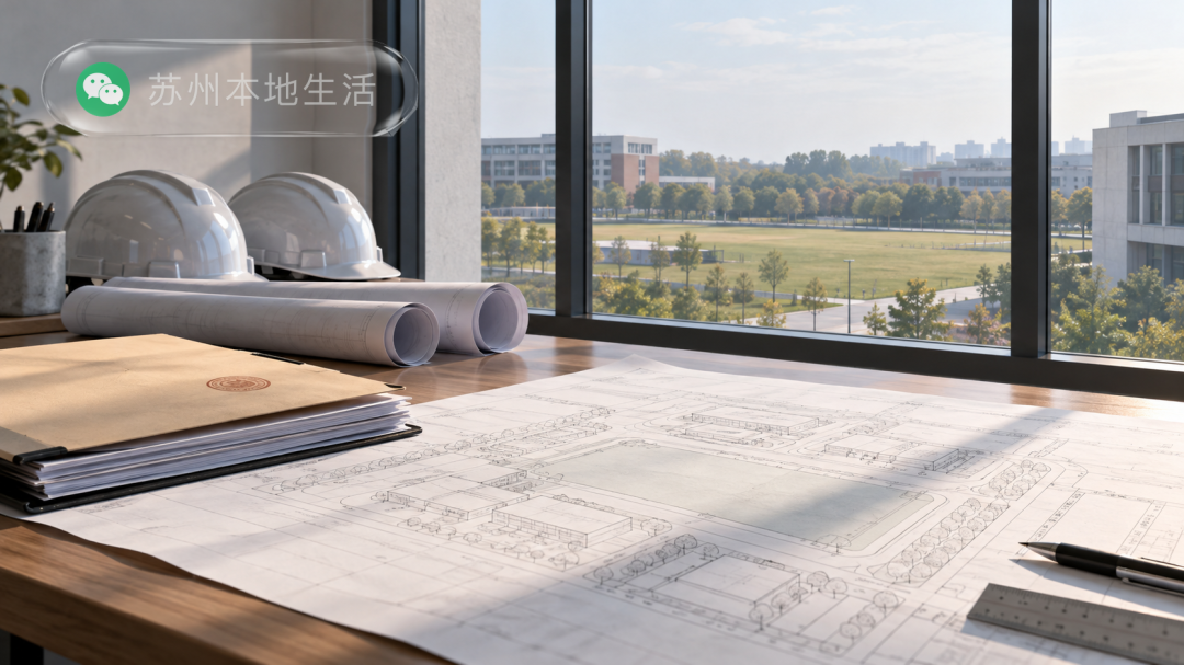 由规划图纸、审批文件和远处尚未启动的校园建设场地构成的项目阶段概念画面