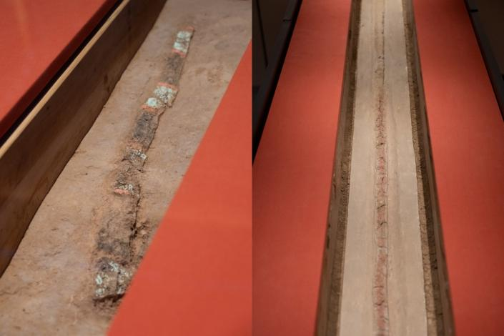 ▲陶寺遗址出土的圭尺（左）和圭表（右）局部