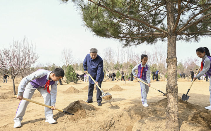 3月30日，党和国家领导人习近平、李强、赵乐际、王沪宁、蔡奇、丁薛祥、李希等来到北京市昌平区百善镇参加首都义务植树活动。这是习近平同大家一起植树。新华社记者 谢环驰 摄