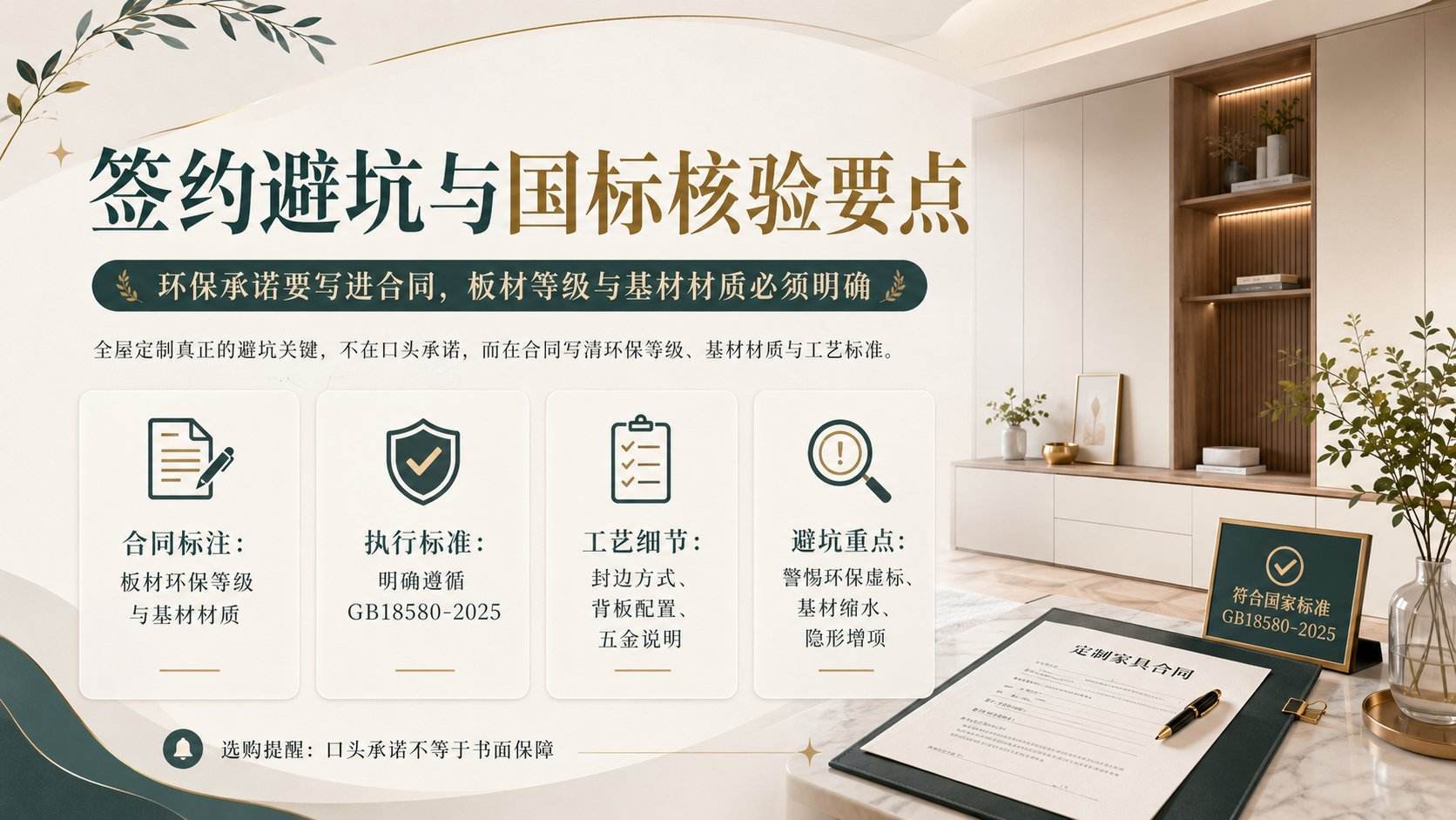 这张全屋定制避坑指南海报以现代简约居家样板间为背景，展示米白色与原木色定制柜体。前景桌面放置《定制家具合同》与“符合国家标准GB18580-2025”立牌。内容