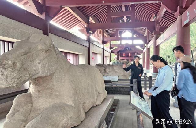 陈佳（左一）为游客讲解石雕历史（资料照片）。