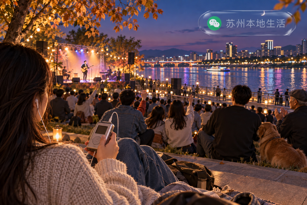 河畔广场的秋夜音乐会上，不同年龄的观众随熟悉旋律轻声合唱。