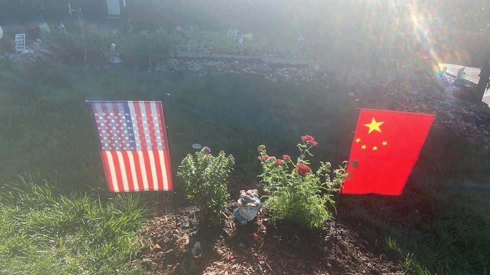 赛考斯在自家前院种的植物旁插上了中美两国的国企