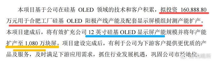硅基OLED产能扩产项目招股书披露截图