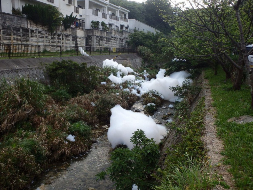 普天间基地泄露的PFAS泡沫顺着河道污染到居民区。图片来源:东京新闻。
