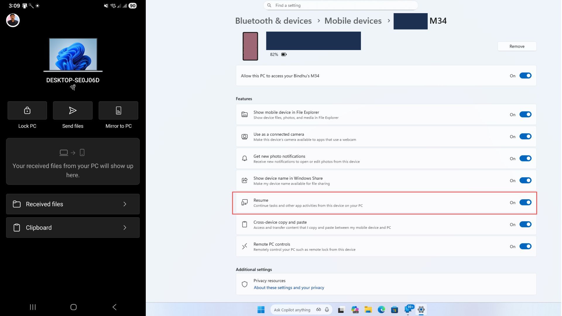 Turn on Resume feature in Windows 11 Settings