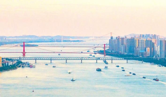 7月5日,武汉江面开阔辽远,数座跨江大桥依次横卧,碧水、桥梁与楼宇交相辉映,尽显壮阔长江画卷。(湖北日报全媒记者 薛婷 摄)