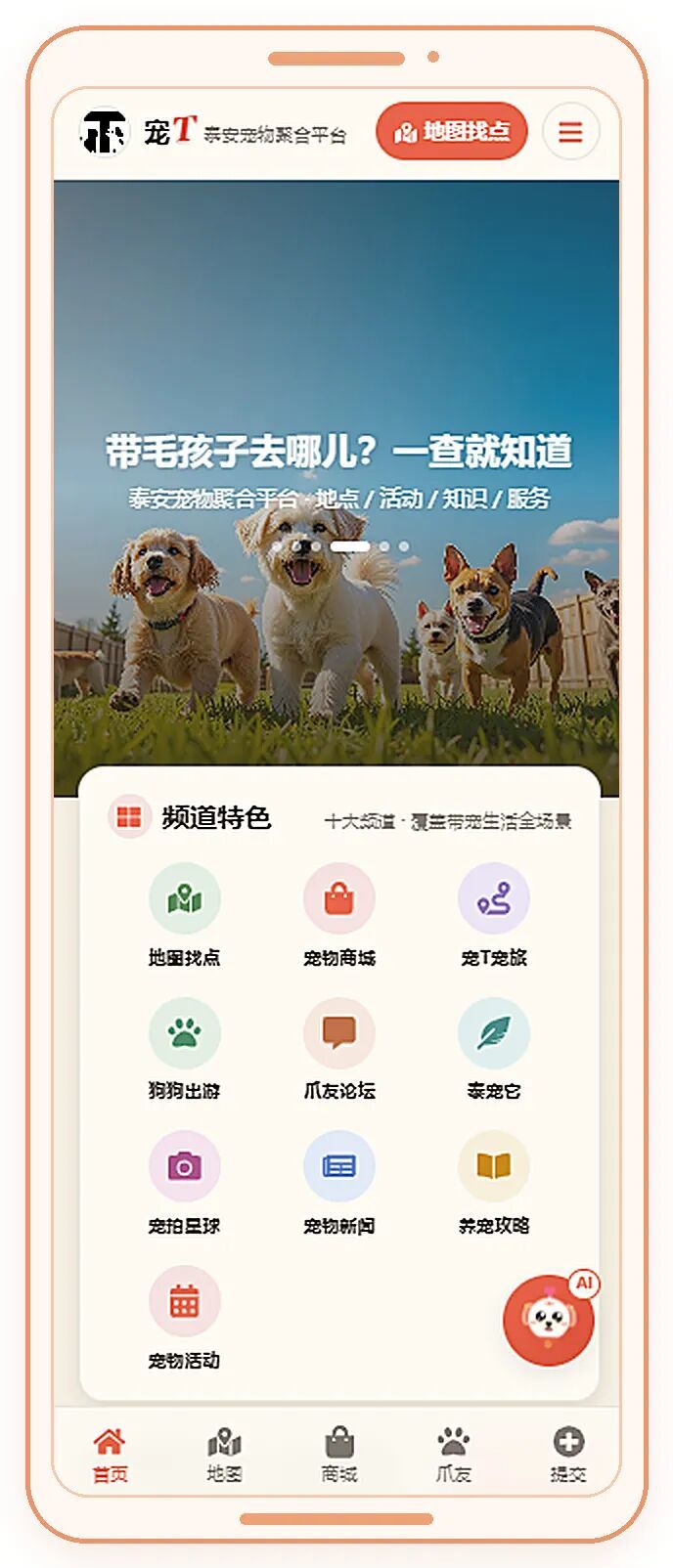 宠T泰安宠物聚合平台移动端首页,展示十大频道入口