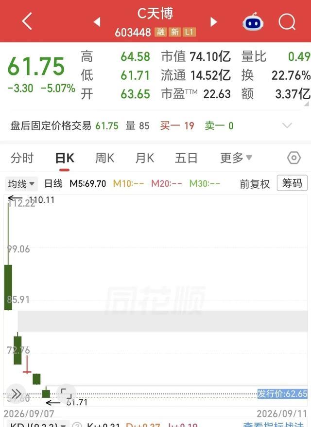 C天博股票行情界面显示上市后连日走低