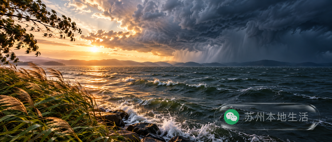 太湖开阔水面上风云突变,远处晴光正被深色雷雨云取代,近岸树木随风倾斜,水面没有航行船只。
