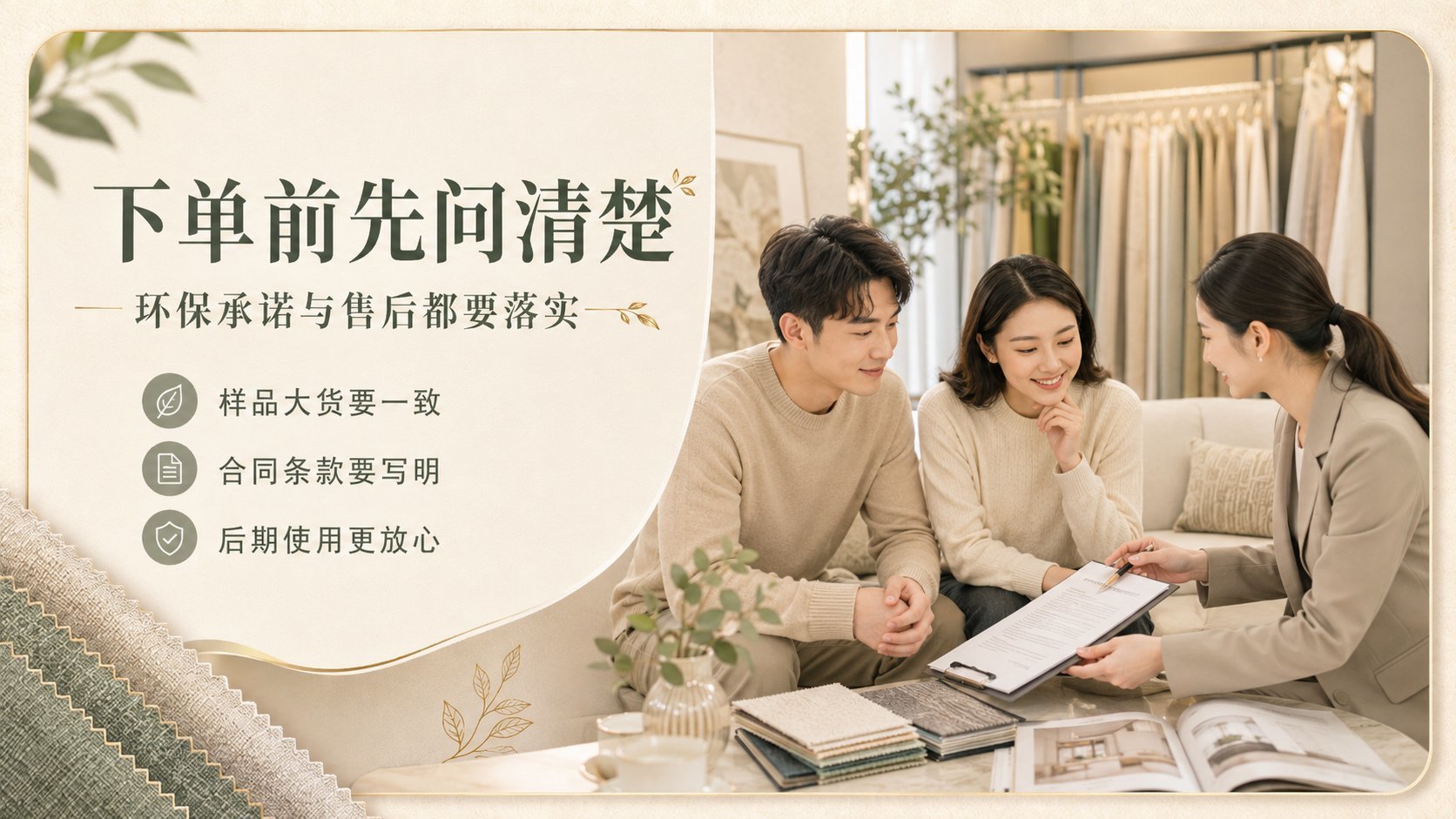 温馨明亮的家居展厅内,年轻夫妇正与专业导购面对面洽谈。茶几上摆放着多款窗帘布料样品册与设计画册,背景悬挂着各式窗帘样品。画面左侧醒目提示“下单前先问清楚”,强调