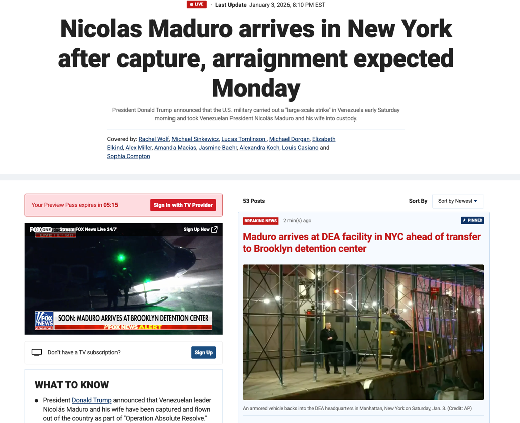 △福克斯报道,马杜罗已被押至纽约,预计周一接受传讯。