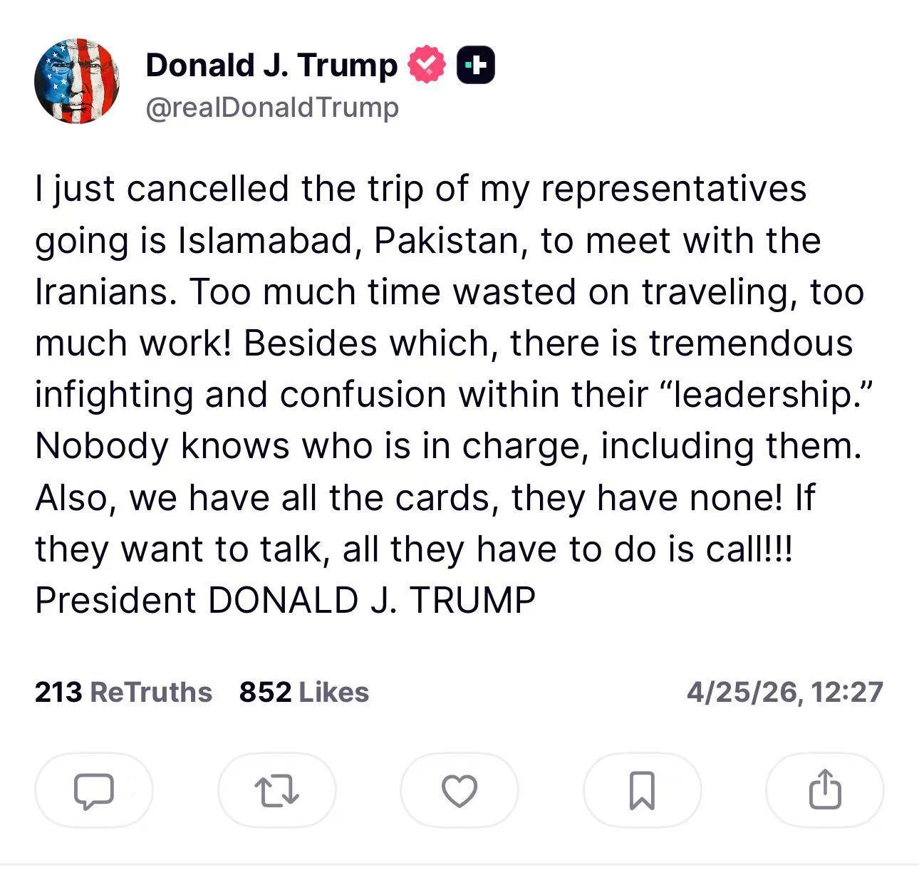 △美国总统特朗普在社媒发帖