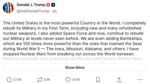 特朗普支持美俄就新协议展开谈判 帖文截图