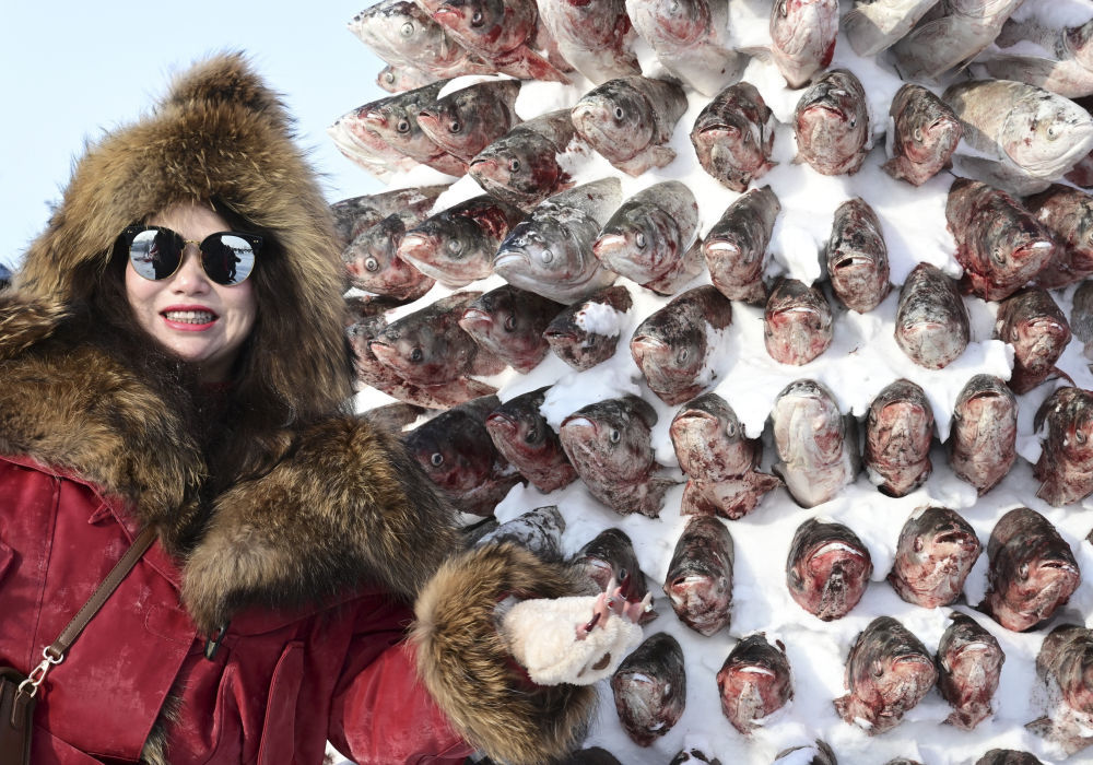 ↑1月10日,在黑龙江省肇东市大似海冬捕渔猎文化节上, 游客在“冻鱼塔”前留影。新华社发(杨威摄)