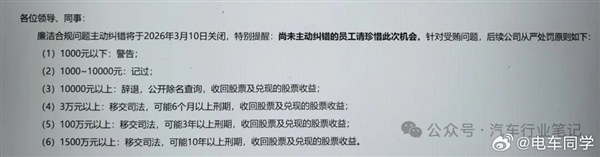 曝某新势力车企整顿贪腐:设1个月纠错期 主动上交受贿的既往不咎