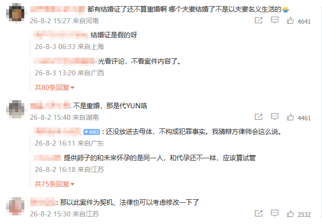 部分网友围绕“婚外胚胎案”的讨论