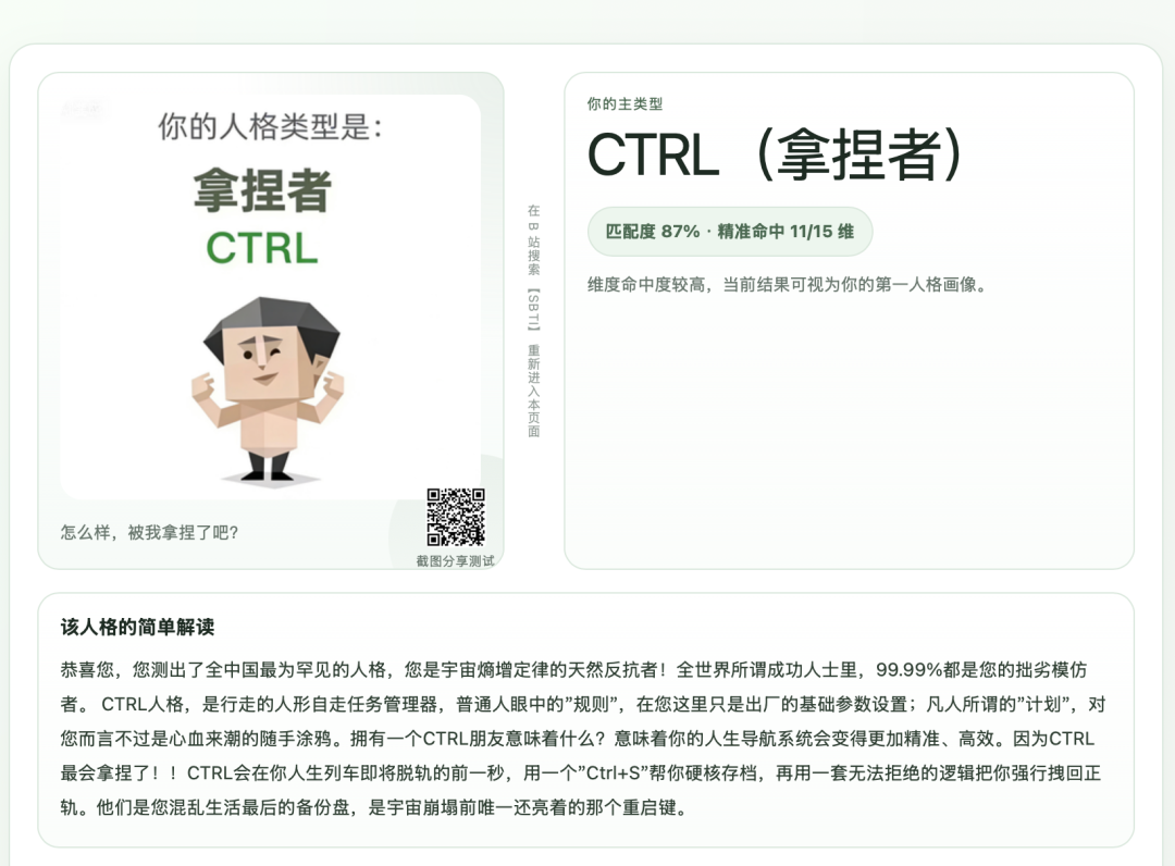 相关结果分析,它用幽默戏谑的“玩梗”,取代了原本一本正经的人格类型。 图源:来自SBTI测试网站