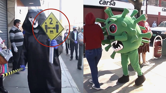 实拍：秘鲁警察扮“幽灵”和“冠状病毒”上街硬核防疫