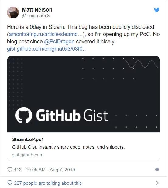 Steam客户端被曝存在0Day漏洞超1亿用户受影响